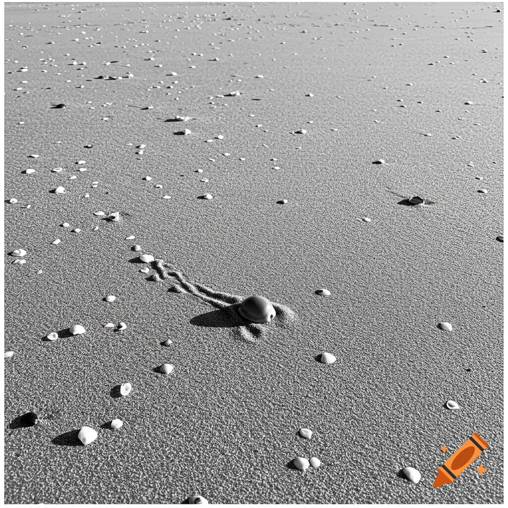 A black and white close-up of a cowrie shell on sand, leaving a trail, surrounded by smaller shells on a beach.