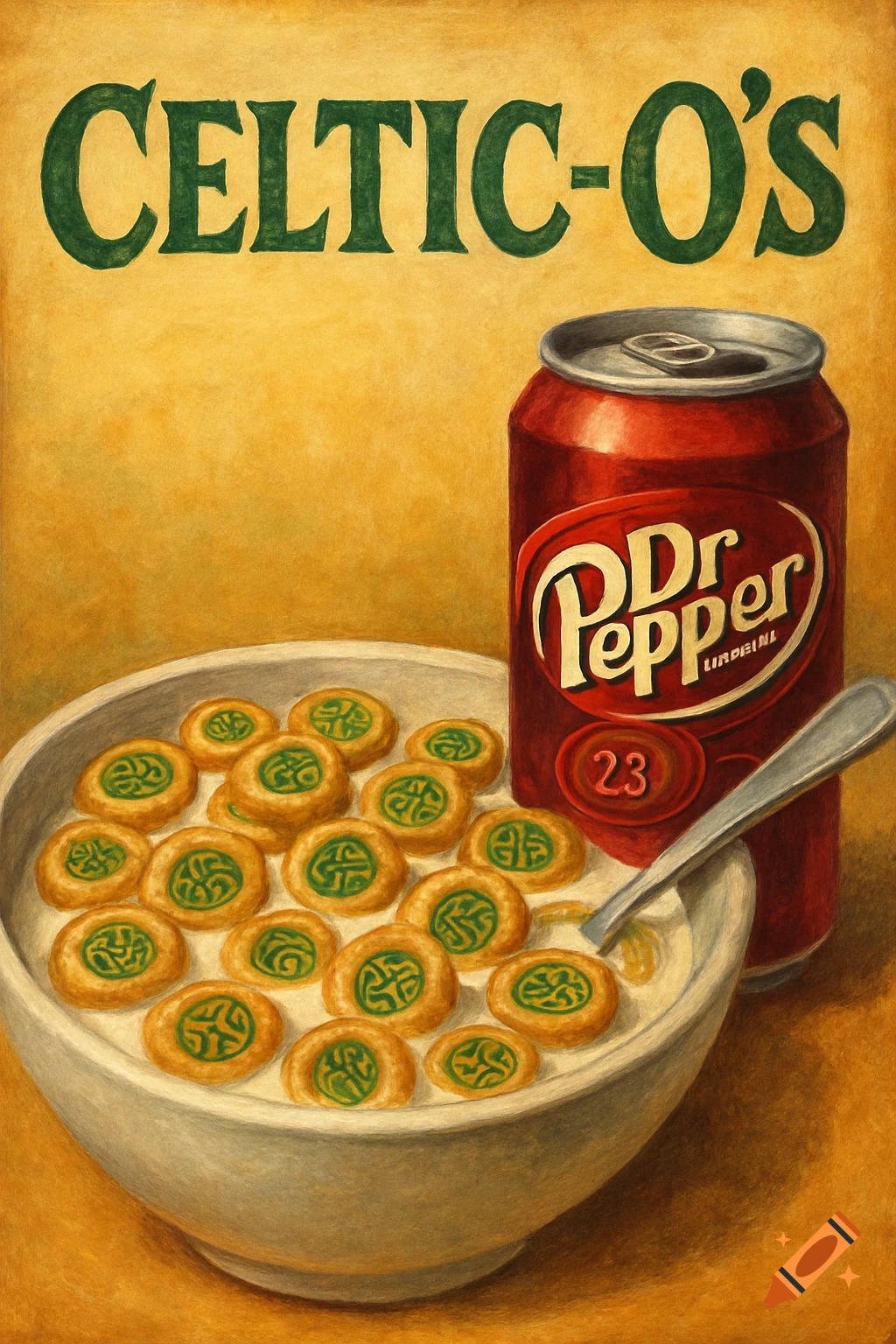 A vintage-style painting of a bowl of Celtic-O's cereal next to a Dr Pepper can and spoon.