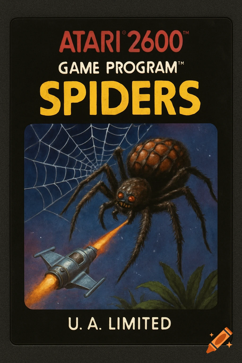 A retro Atari 2600 video game cartridge label for 'Spiders,' featuring a giant spider and a spaceship firing a laser.