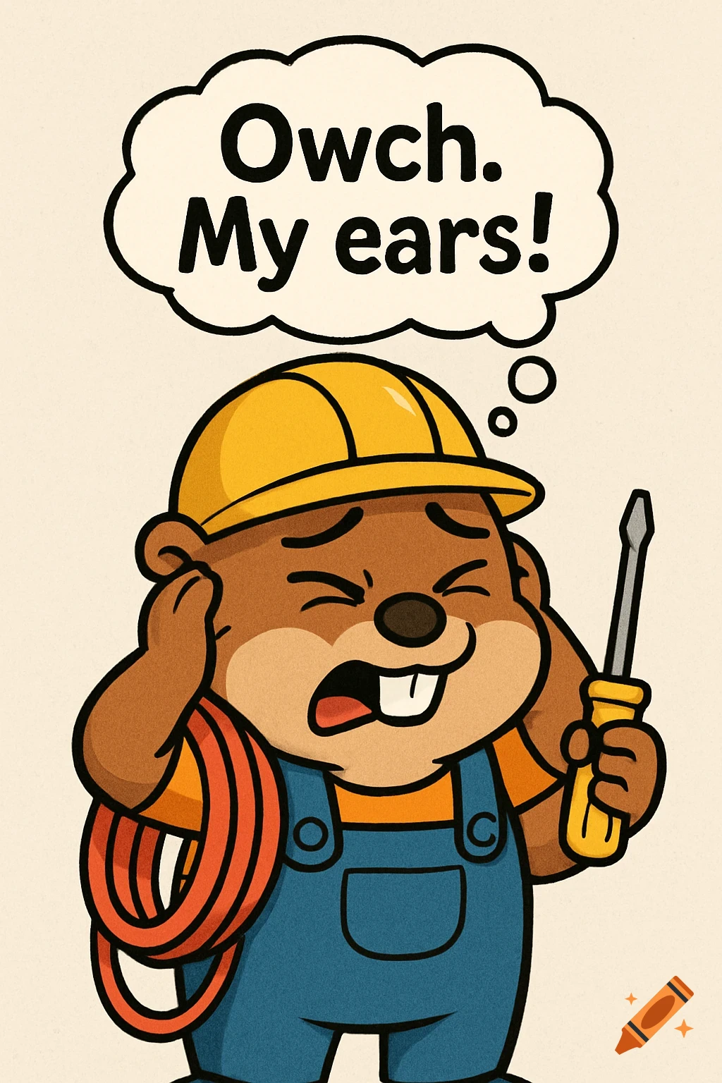 Cartoon gopher electrician in hard hat and overalls holds screwdriver, covering ears; thought bubble reads 'Owch. My ears!'