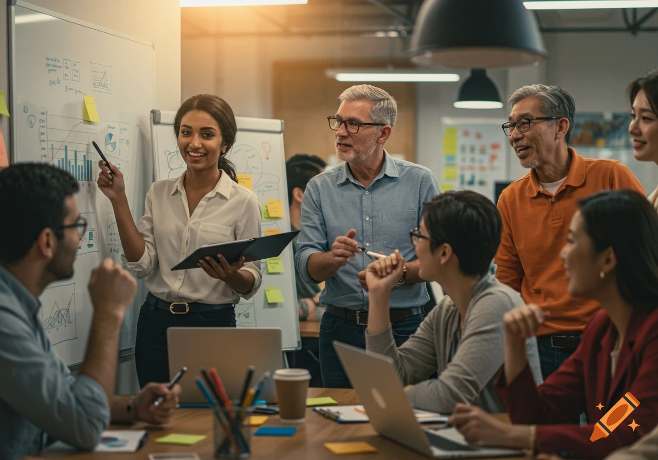 A diverse group of professionals collaborating and presenting ideas in a modern office environment.