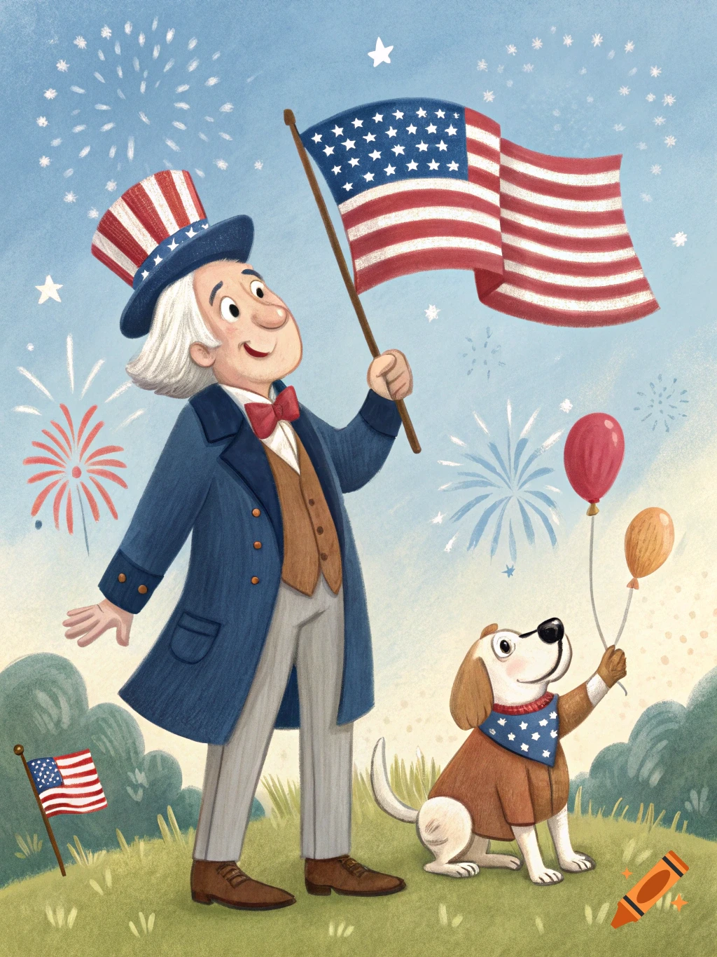 Cartoon illustration of a man resembling George Washington holding an American flag and a dog with balloons, celebrating Independence Day.
