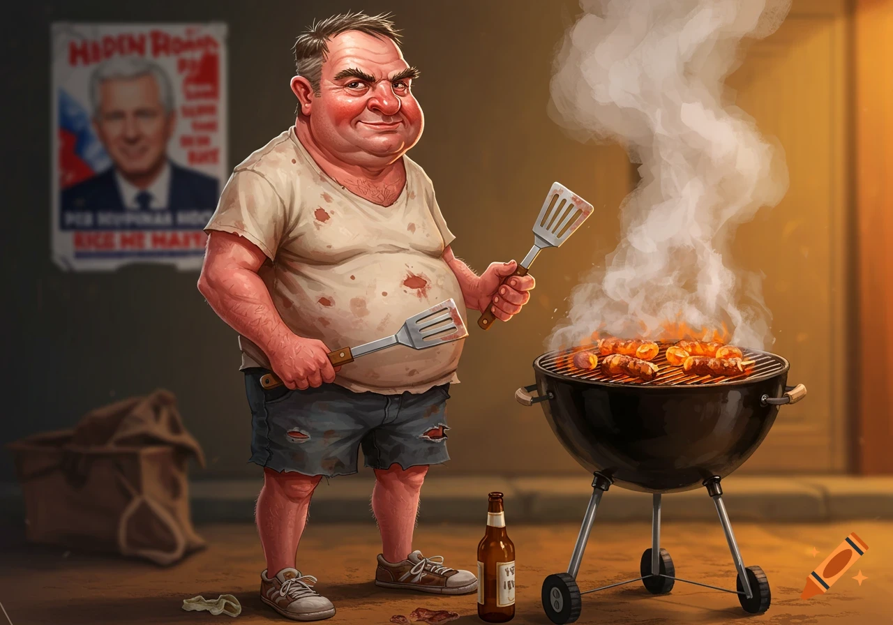 A cartoon caricature of an overweight man grilling sausages on a BBQ, holding two spatulas, with a blurred political poster behind him.