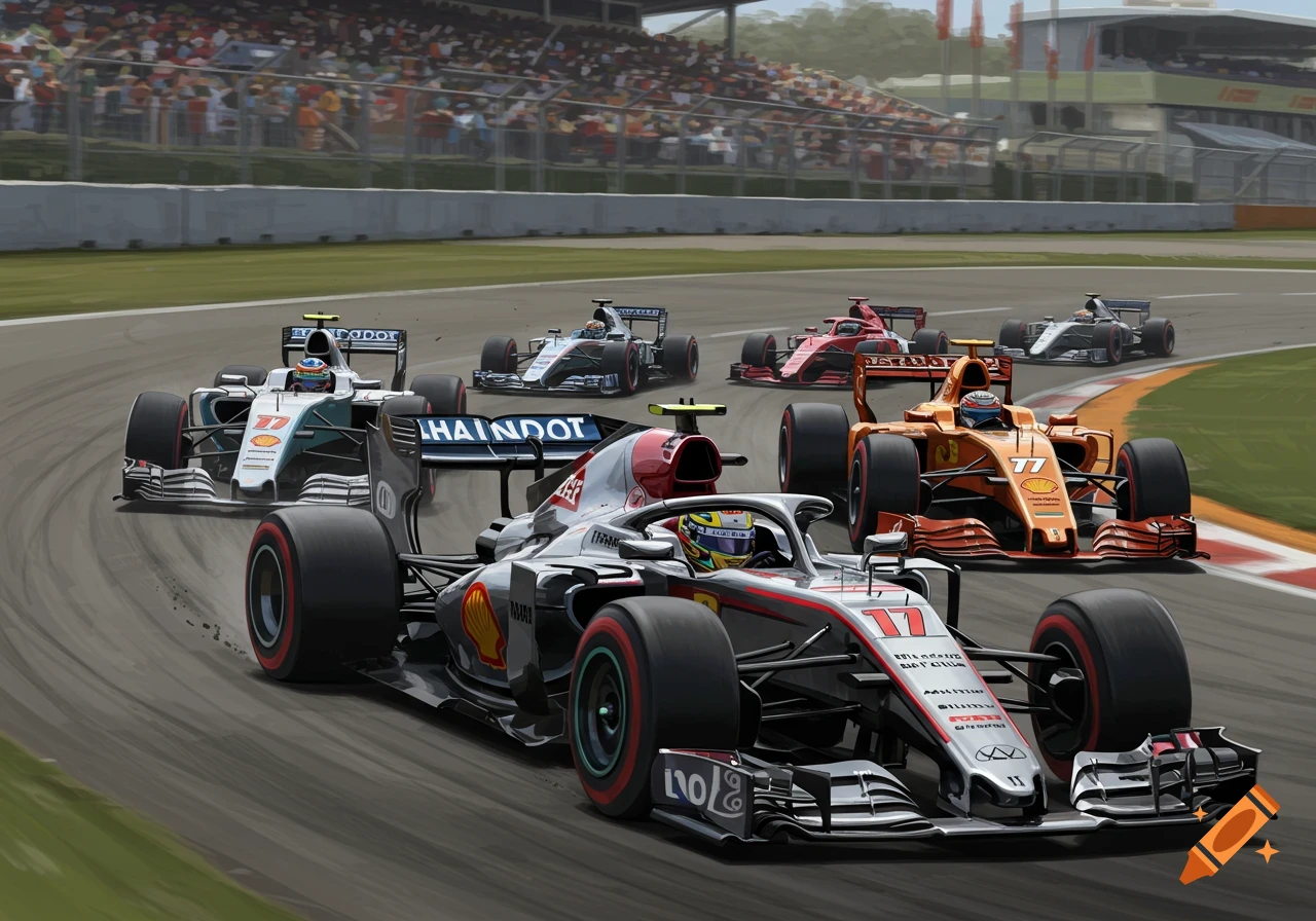 Several Formula 1 style race cars speed around a track during a race, with spectators visible in the stands, in a digital painting style.