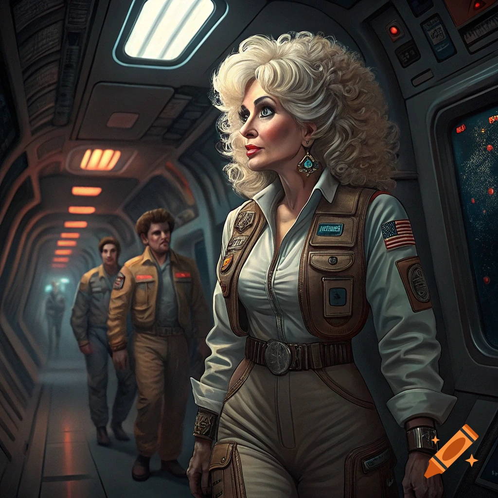 Dolly Parton as a crew member on a spaceship, wearing a white shirt and brown vest, looking to the side in a futuristic hallway. Two other crew members walk behind her.