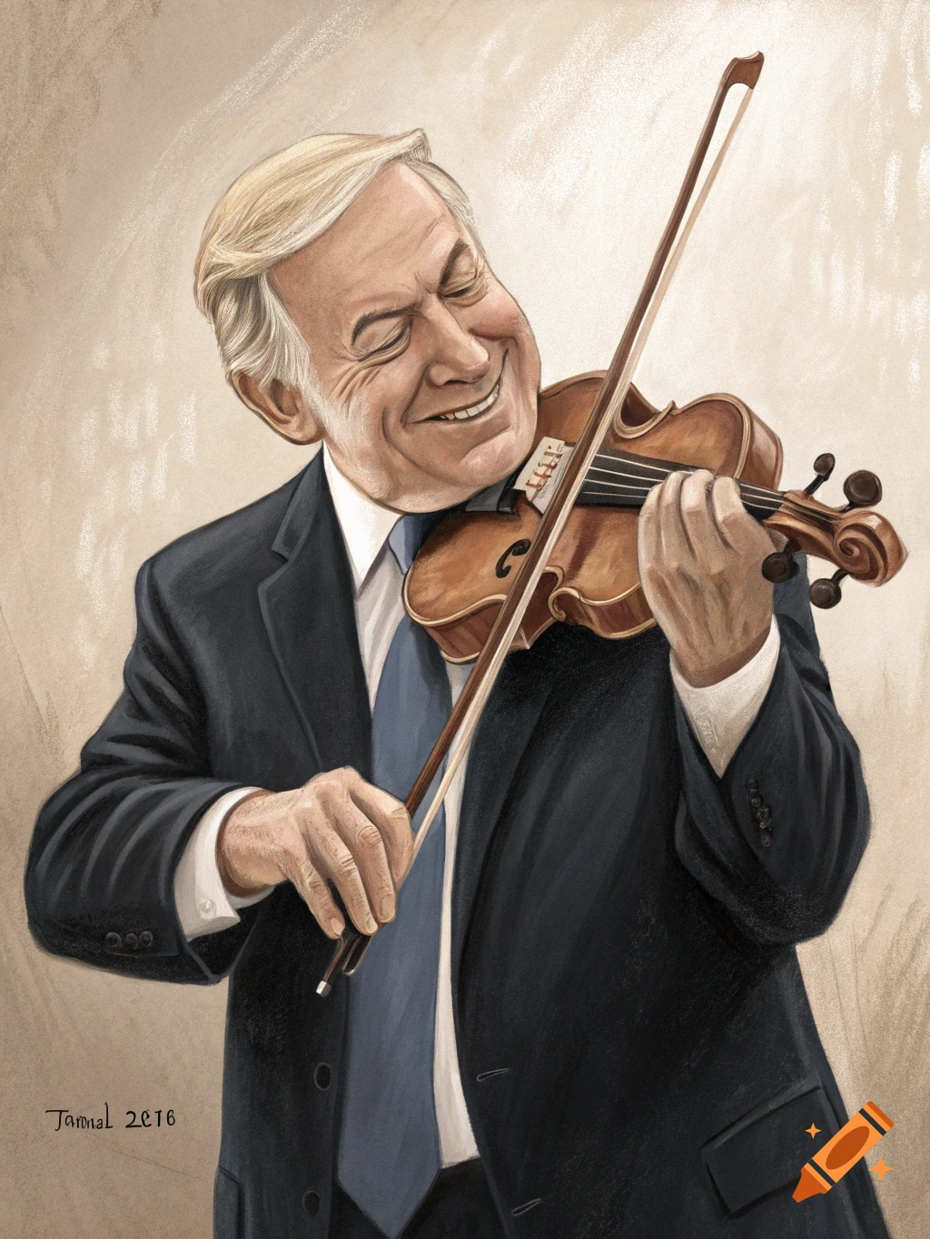 Caricature of a smiling man with blonde hair playing a violin.