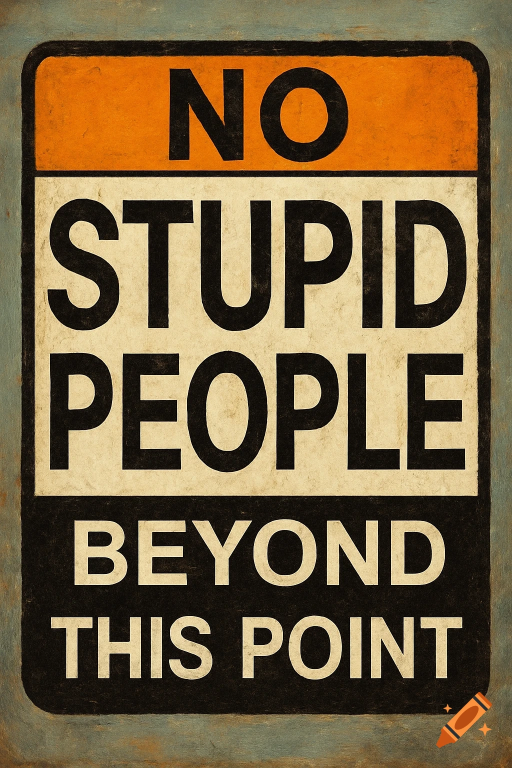 A distressed vintage-style sign with bold black text on orange, white, and black panels, reading 'NO STUPID PEOPLE BEYOND THIS POINT'.