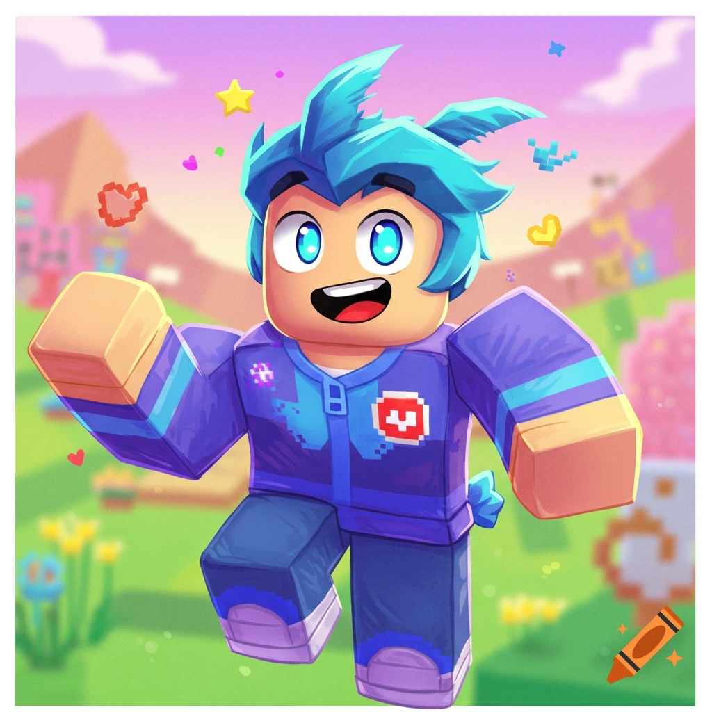 A cheerful Roblox-style character with bright blue hair and a purple jacket runs forward in a vibrant, cartoonish landscape with floating hearts and stars.
