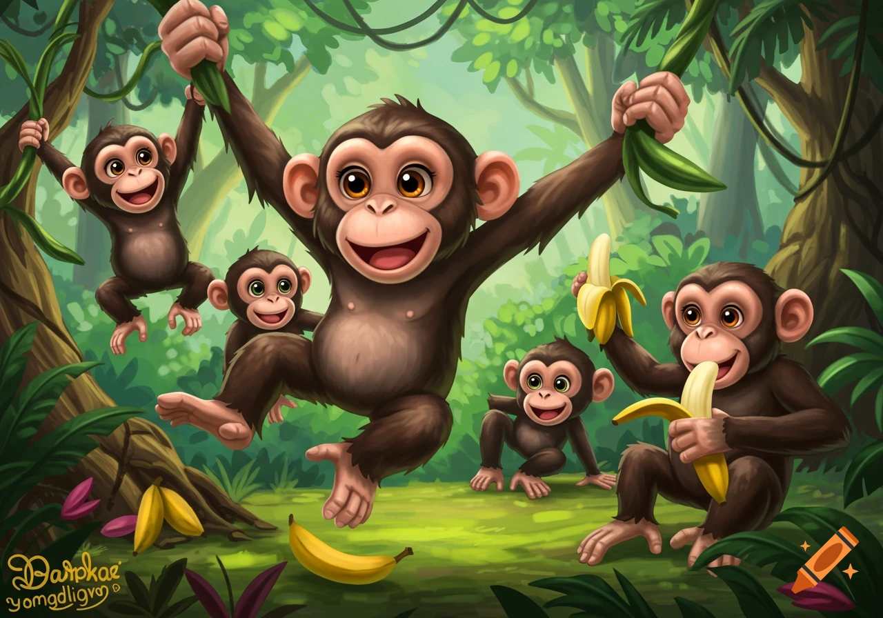 Five cute cartoon monkeys playing in a lush green jungle, some eating bananas.