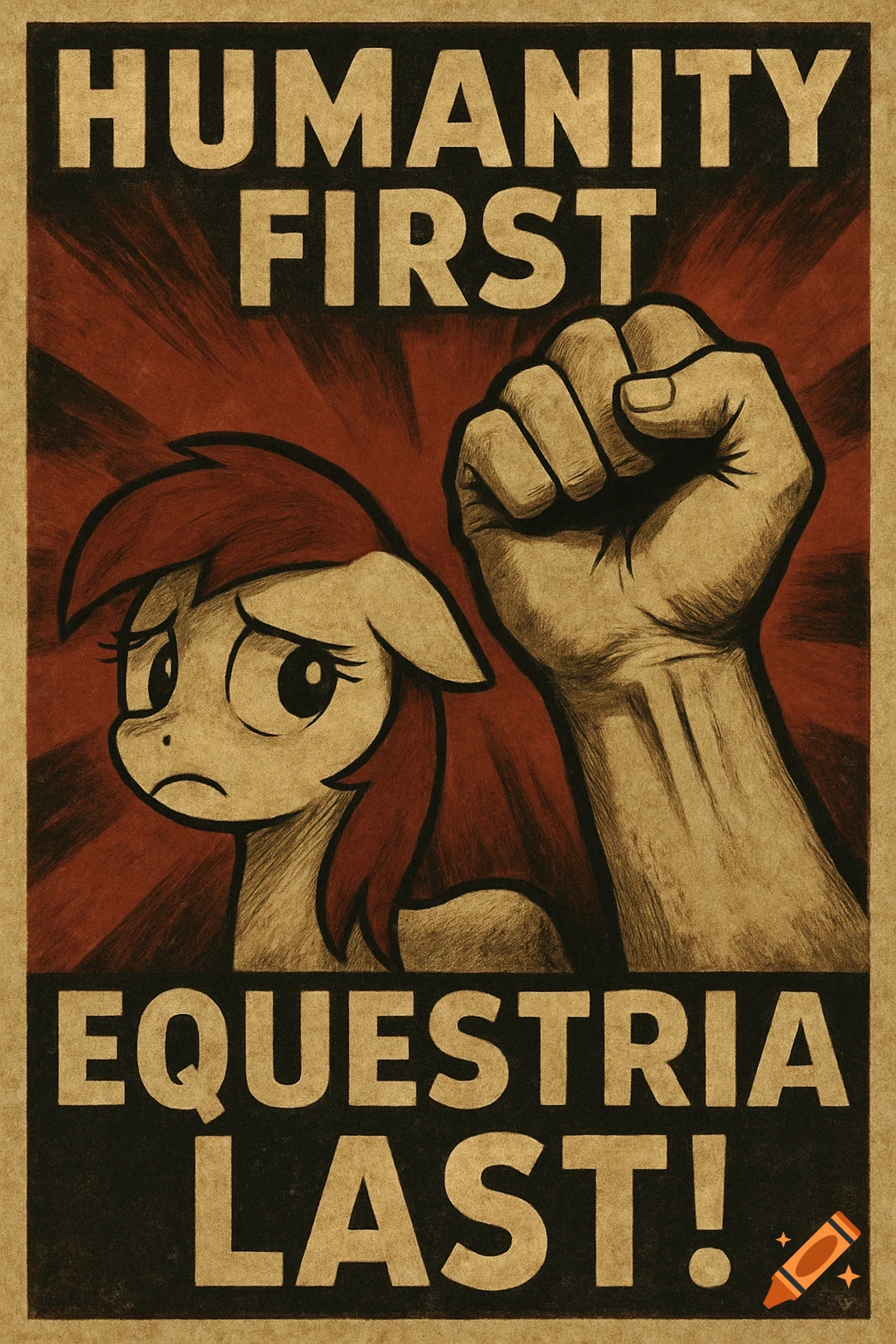 Vintage-style protest poster with a sad My Little Pony character and a raised human fist, text reads 'Humanity First, Equestria Last!'.