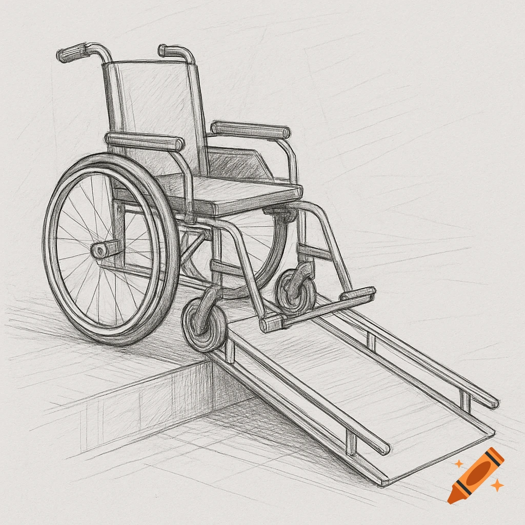 A detailed pencil sketch of a wheelchair positioned at the bottom of a ramp.