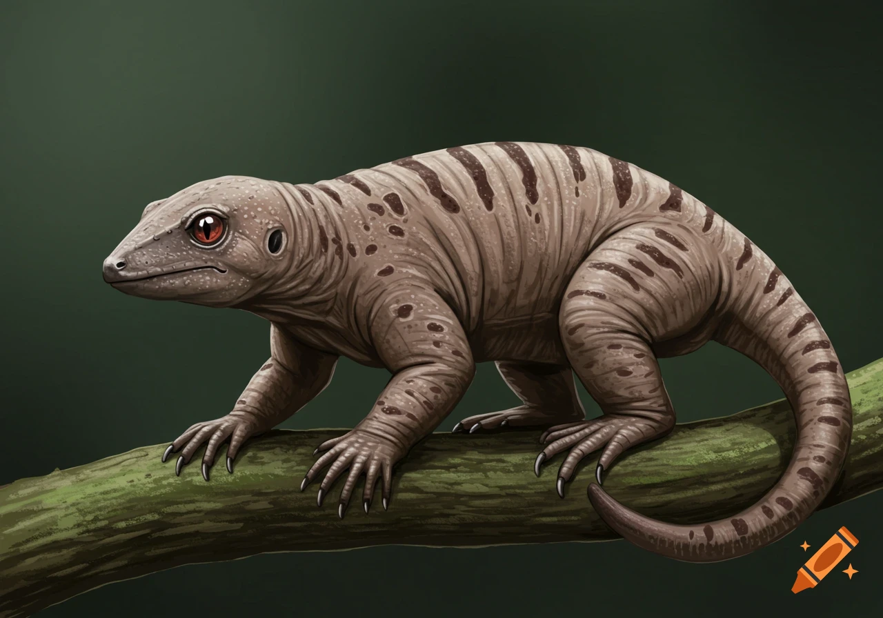 A brown and tan lizard-like creature with textured skin and red eyes perches on a green mossy branch, in a digital illustration style.