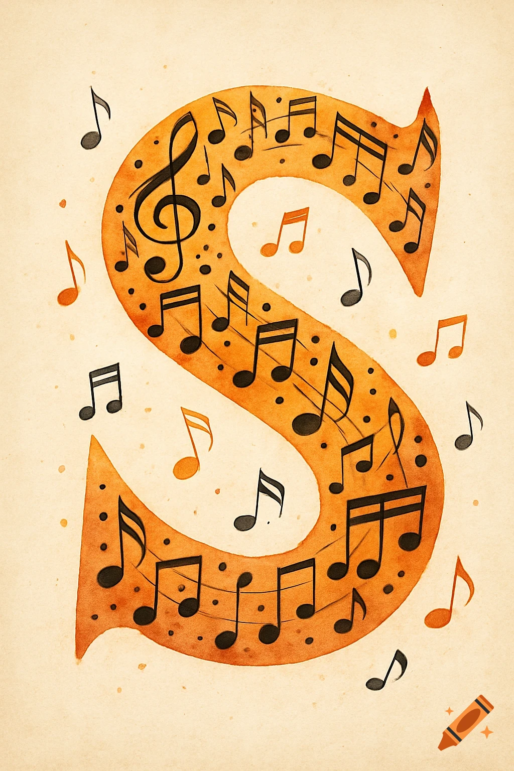 A stylized orange watercolor letter S filled with black musical notes on a light background.