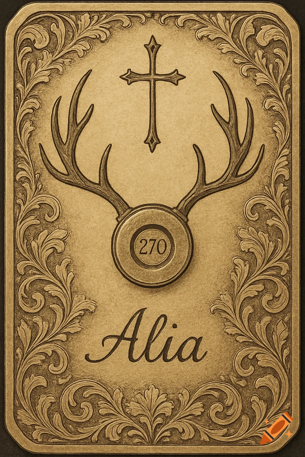A sepia-toned ornate plaque featuring a cross, deer antlers, the number '270', and the name 'Alia', all surrounded by floral scrollwork.
