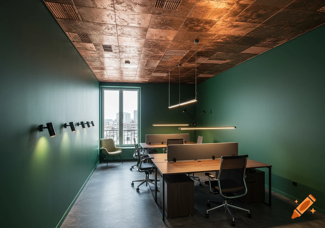 A photorealistic office space with deep green walls, a distressed copper-colored drop ceiling, and modern wooden desks.