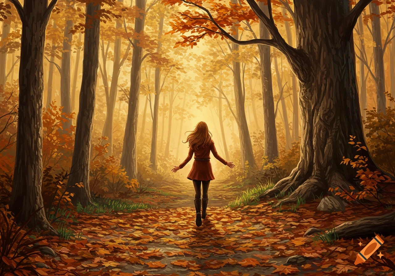 A person in a red coat walks through an autumn forest filled with fallen orange leaves, bathed in warm golden light.