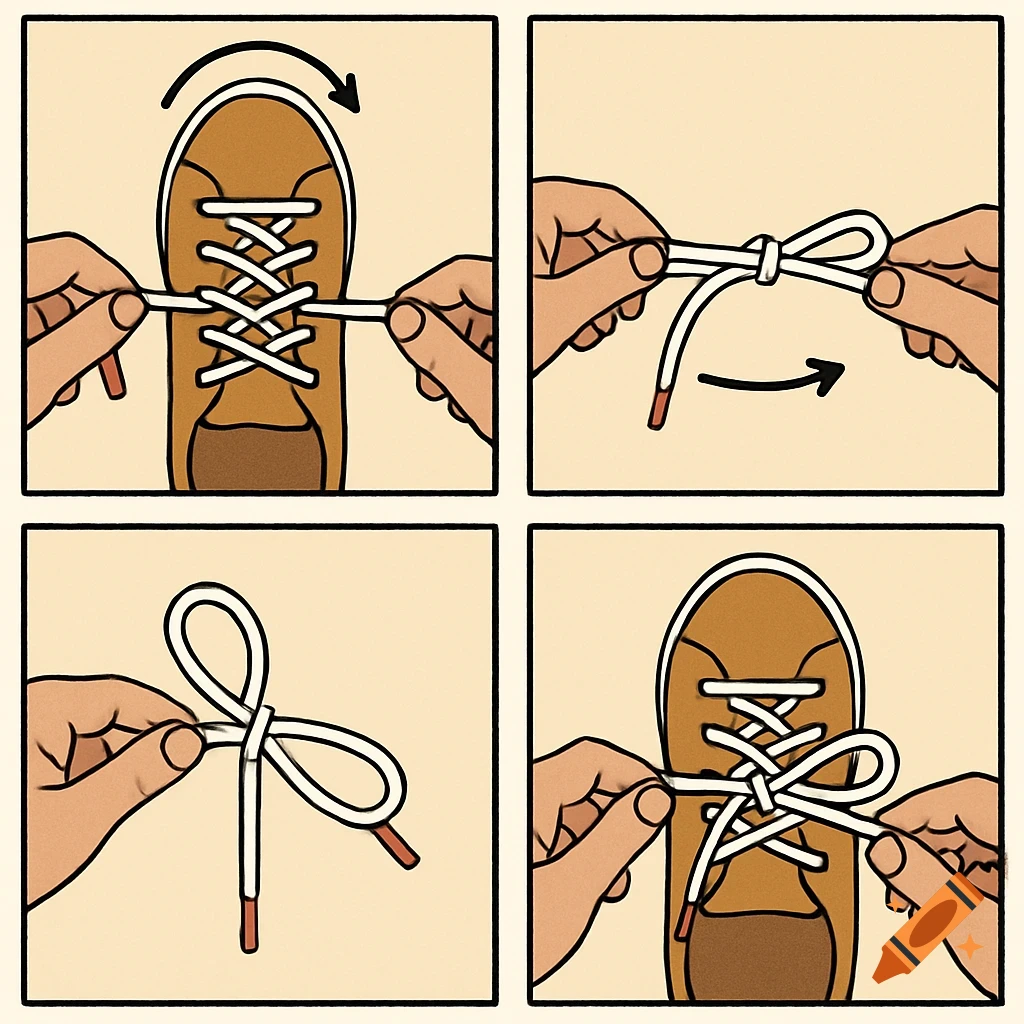 A four-panel instructional diagram illustrating how to tie shoelaces on a brown shoe, with hands demonstrating each step.