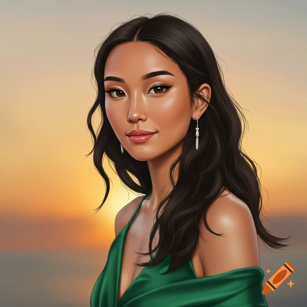 A digital art portrait of a beautiful young woman with dark hair in a green dress against a sunset background.