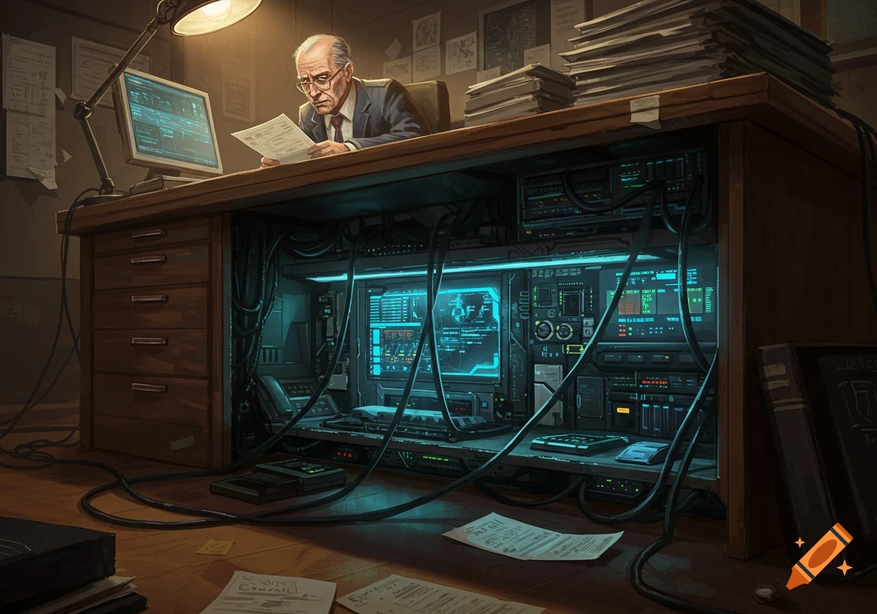An older man in glasses reads papers at a wooden desk with a glowing, intricate computer system hidden underneath.