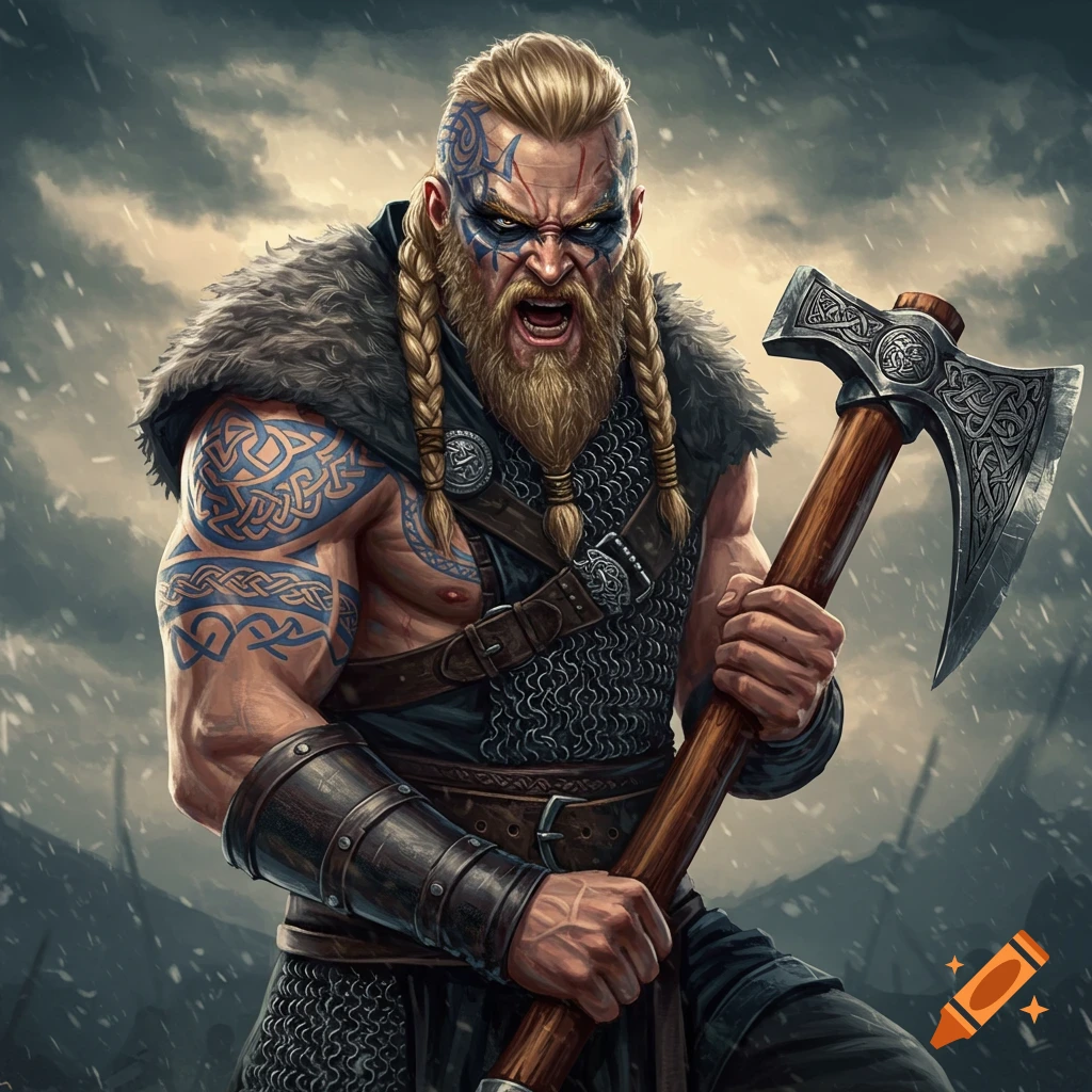 A fierce Viking warrior with braided hair and blue war paint, holding a large axe, against a stormy sky.
