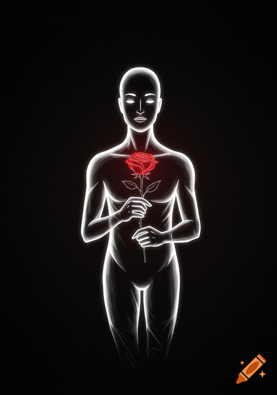 A glowing white outline of a figure holding a red rose over its chest on a black background.