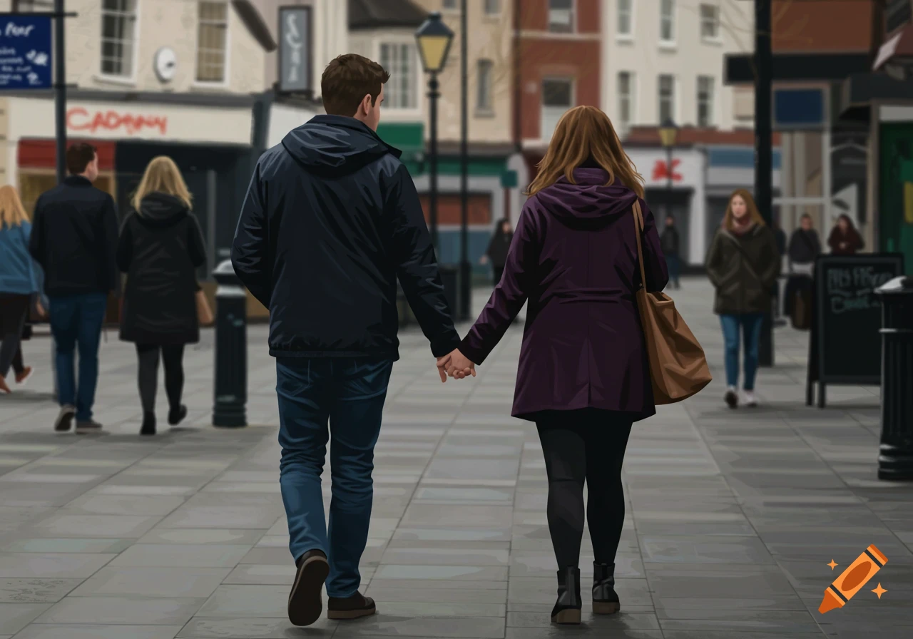 A couple walks hand-in-hand down a bustling city street, viewed from behind.