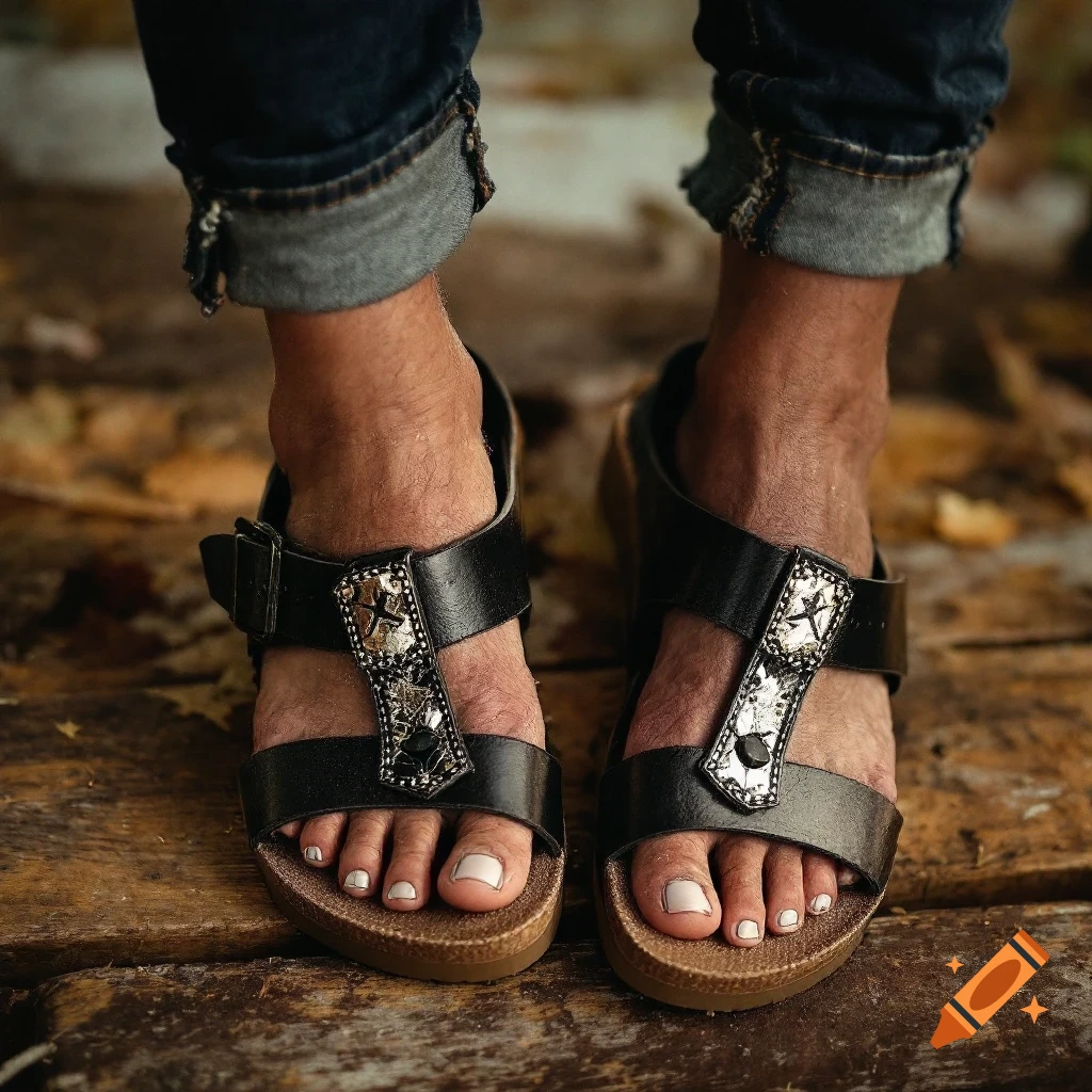 Close-up of a person's feet in black leather sandals with metallic straps on a wooden floor.