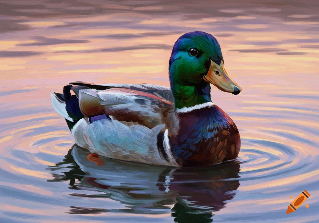 A vibrant, painterly image of a mallard duck floating on water with ripples, under a colorful sky.