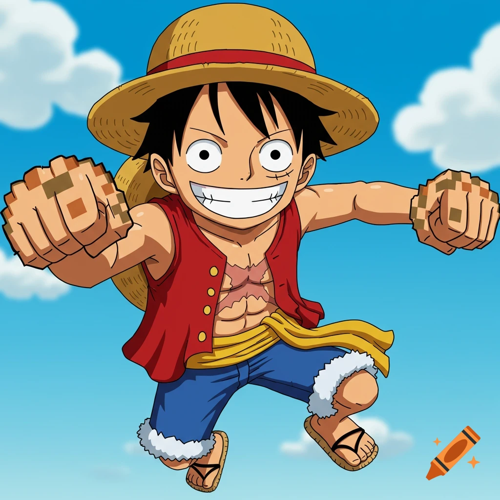 Luffy from One Piece, wearing a straw hat, red vest, and blue shorts, jumps forward with pixelated fists against a blue sky.