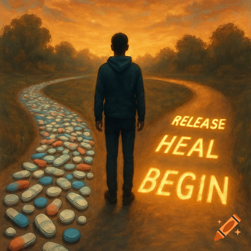 A person stands at a crossroads, one path made of colorful pills, the other glowing with the words 'Release Heal Begin' under an orange sky, in a painterly style.