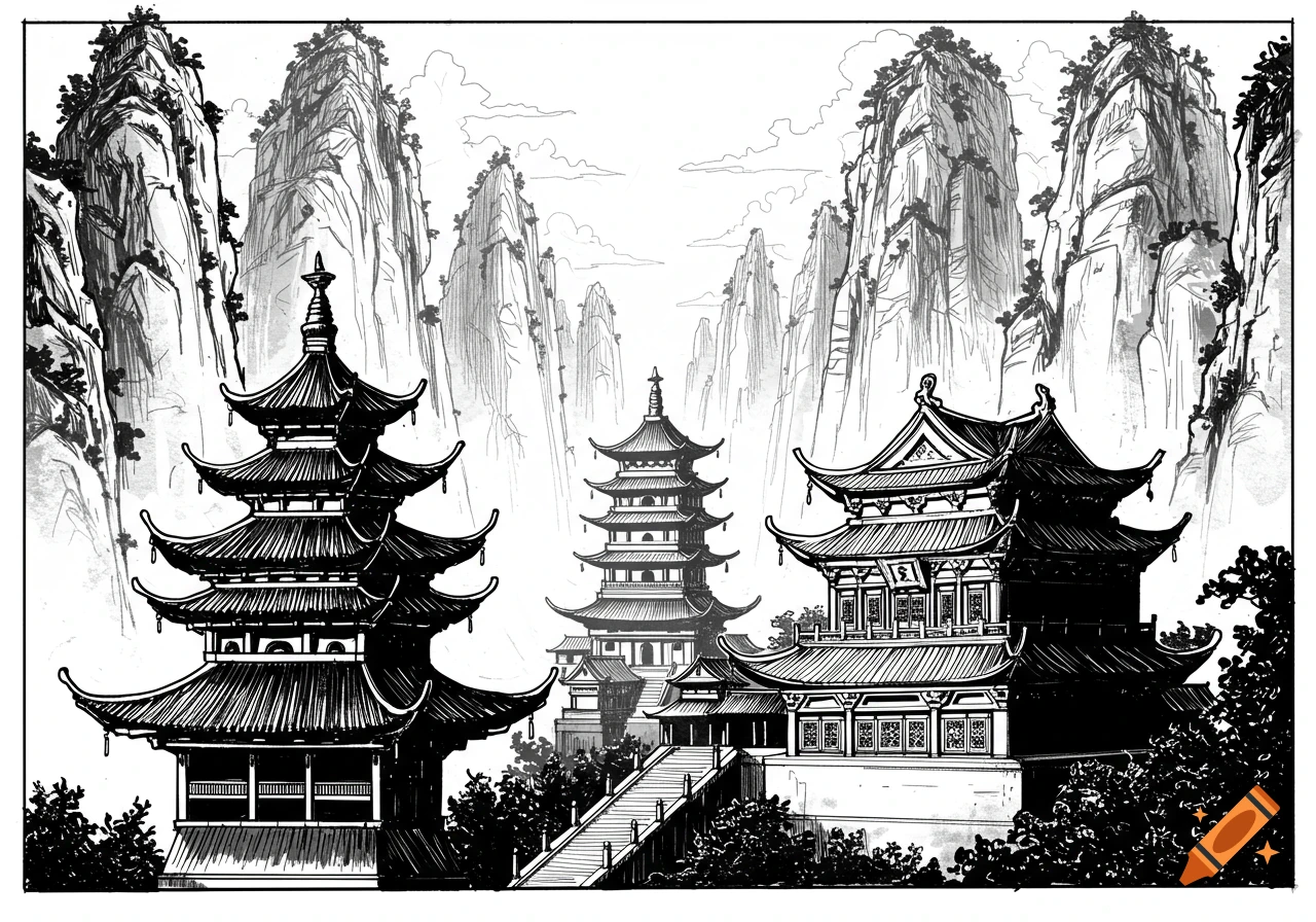 Black and white ink drawing of traditional Chinese temples nestled among towering, jagged mountains.