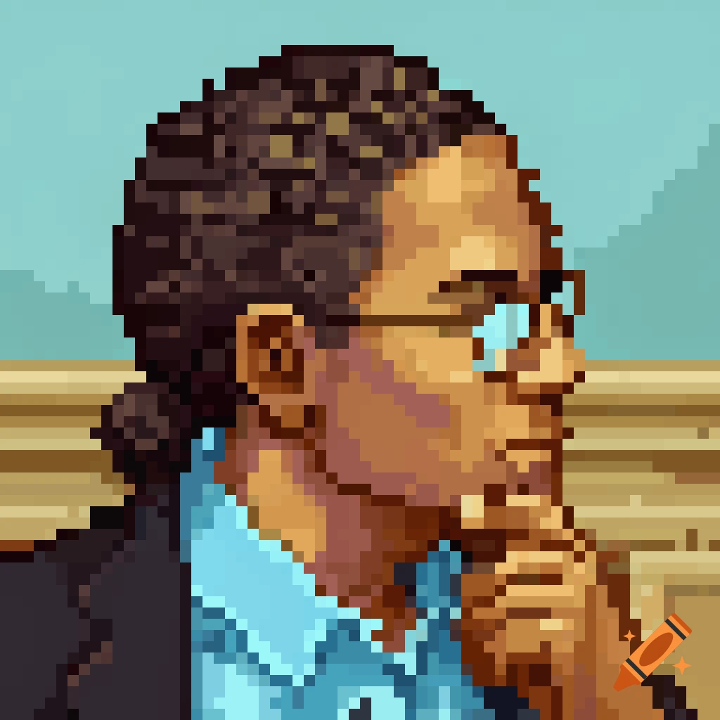 A pixel art profile portrait of a man, resembling Barack Obama, wearing glasses and a blue collared shirt under a dark jacket.