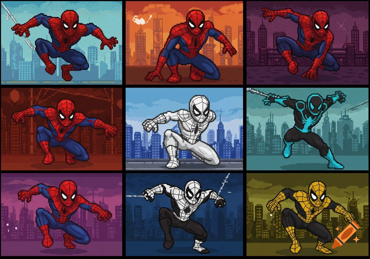 A grid of nine pixel art images, each featuring Spider-Man in different costumes and poses against various cityscape backgrounds.