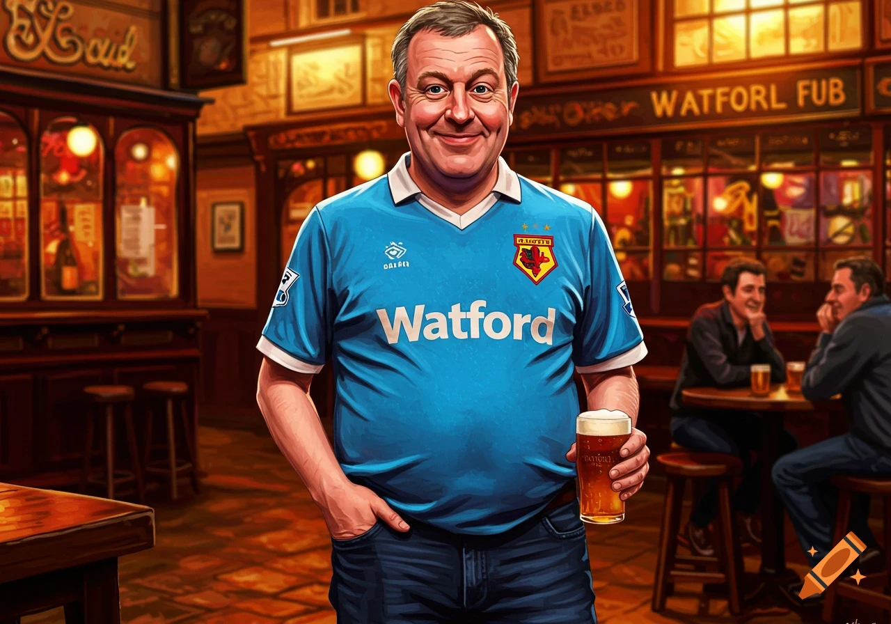 A man wearing a blue Watford football shirt holds a pint of beer and smiles in a pub setting.
