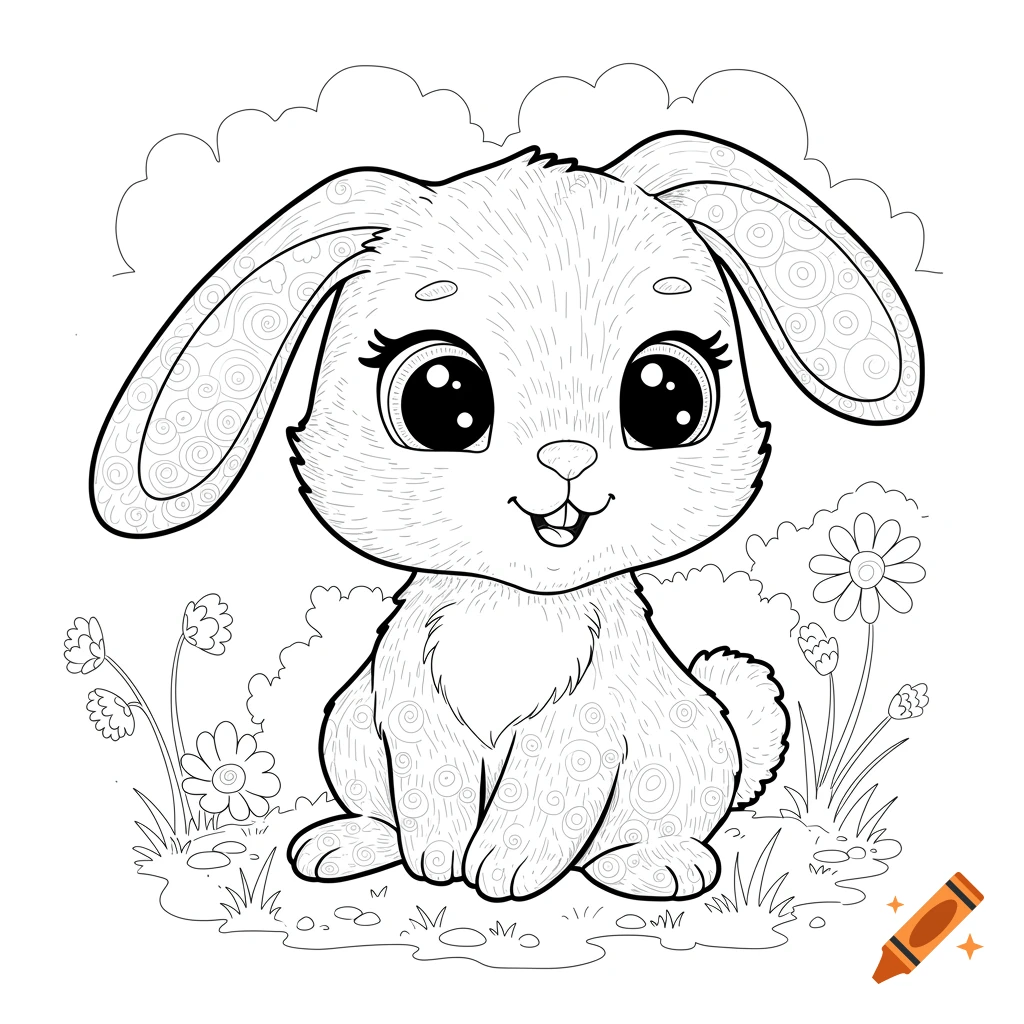 Black and white line art drawing of a cute bunny with big eyes, sitting in a field with flowers and clouds, perfect for a coloring book.