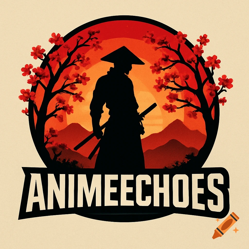 A logo featuring a black samurai silhouette holding two swords against a red and orange sunset with cherry blossom trees and mountains, above the word ANIMEECHOES.