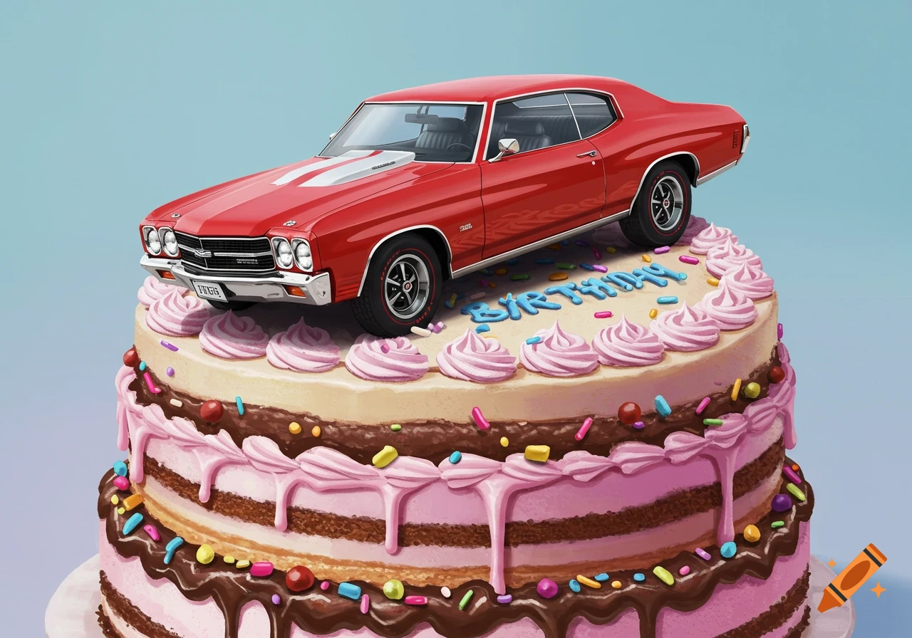 A red 1972 Chevrolet Chevelle classic car rests on top of a multi-tiered birthday cake decorated with pink frosting, sprinkles, and the word 'BIRTHDAY'.