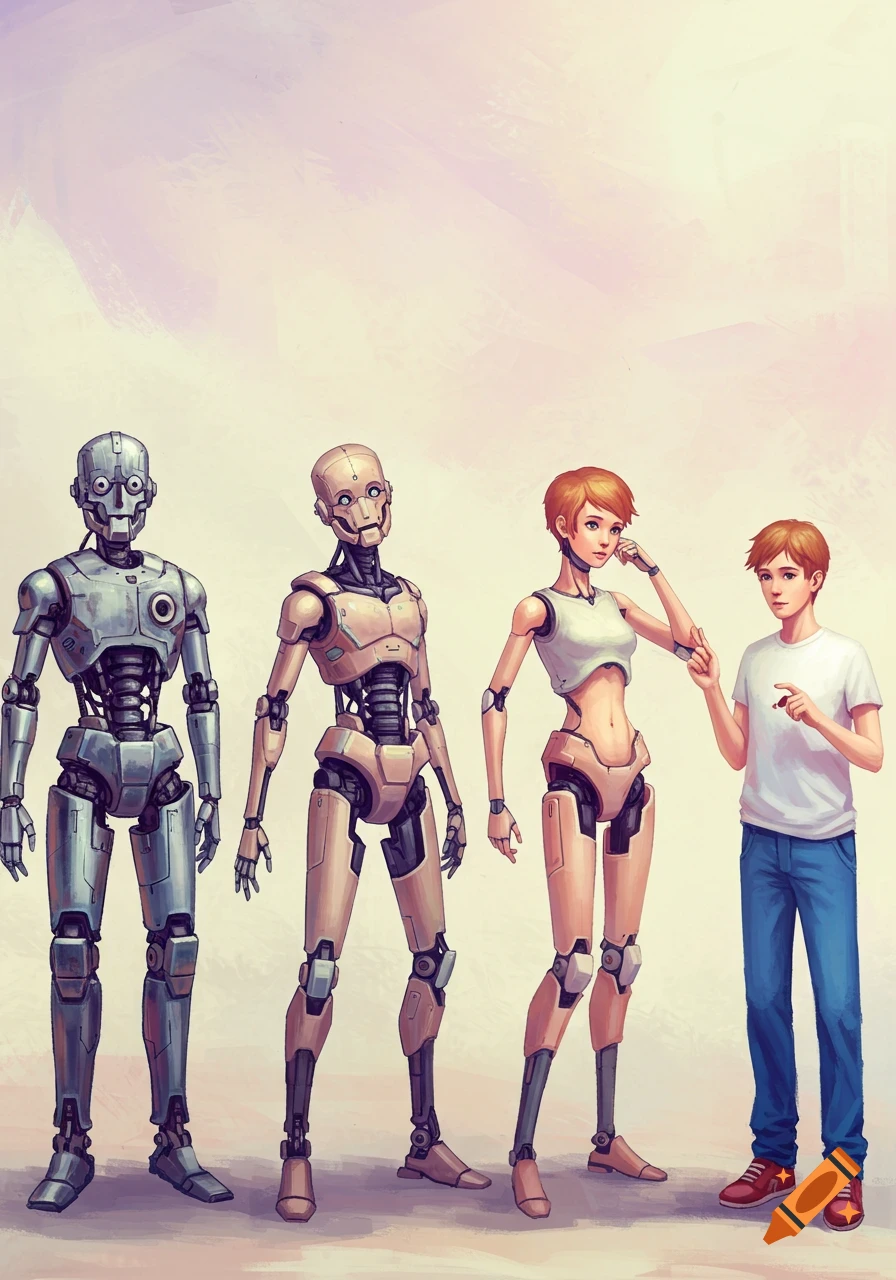 An illustration showing a progression from mechanical robots to a human-like android and finally a human boy.