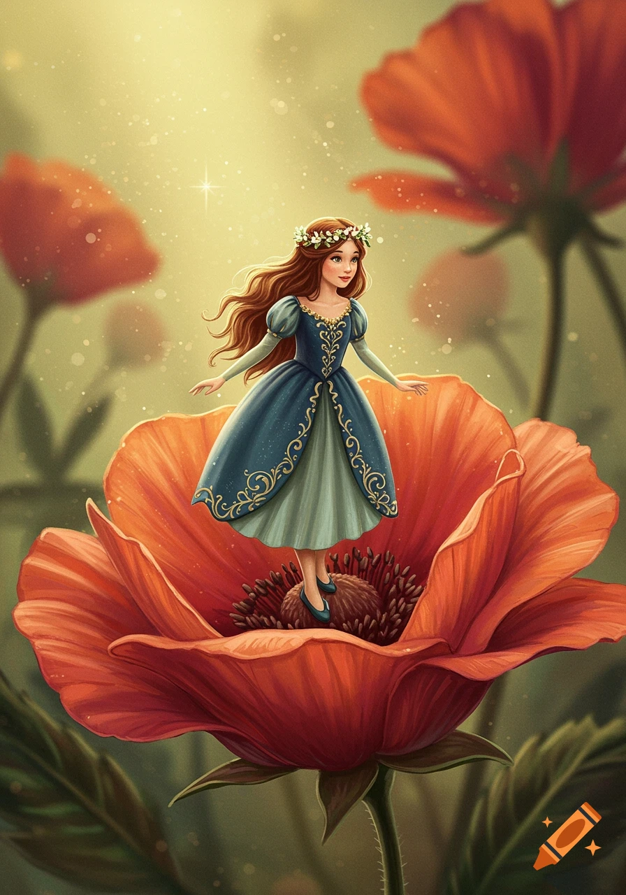 An illustrative image of Thumbelina, a small girl with brown hair and a flower crown, in a blue and gold dress, standing in the center of a giant red poppy flower.