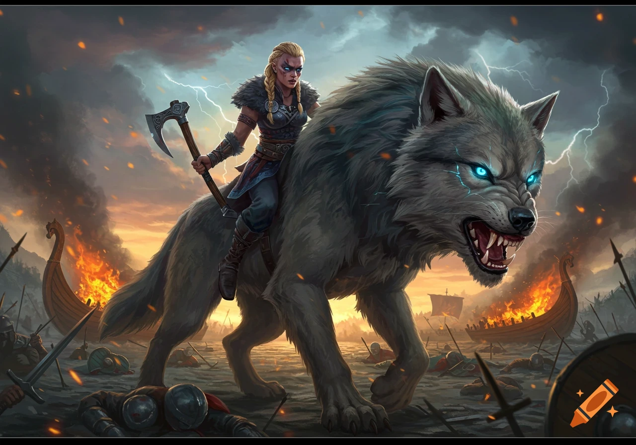 A Viking woman with an axe rides a giant wolf through a battlefield with burning longships under a stormy sky.