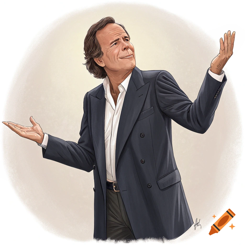 An illustrated portrait of Julio Iglesias in a dark suit and white shirt, with arms outstretched, looking upwards and smiling.