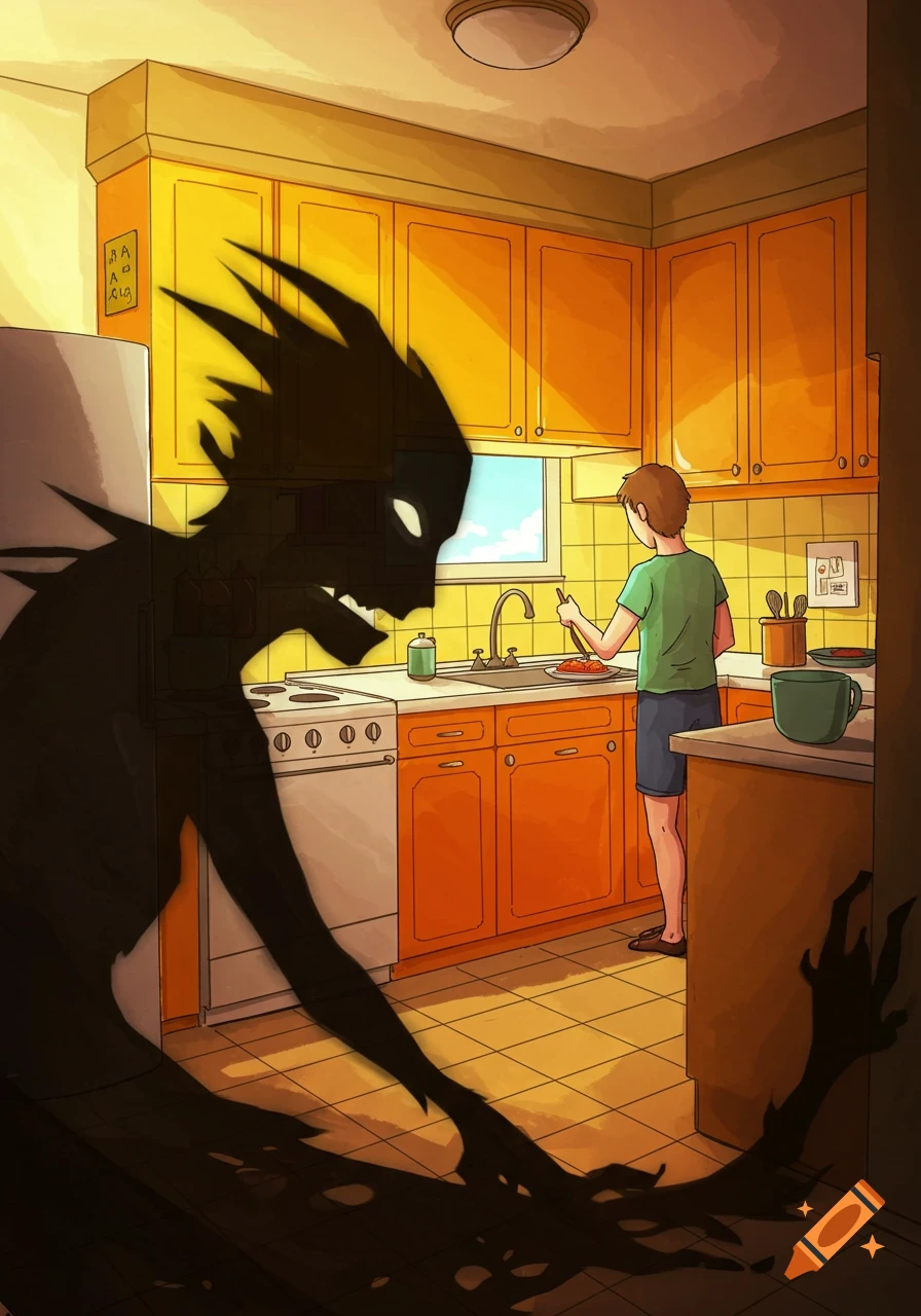 A person cooks in a sunlit kitchen while a large, dark, monstrous shadow figure with glowing eyes looms in the foreground, a psychological illustration.