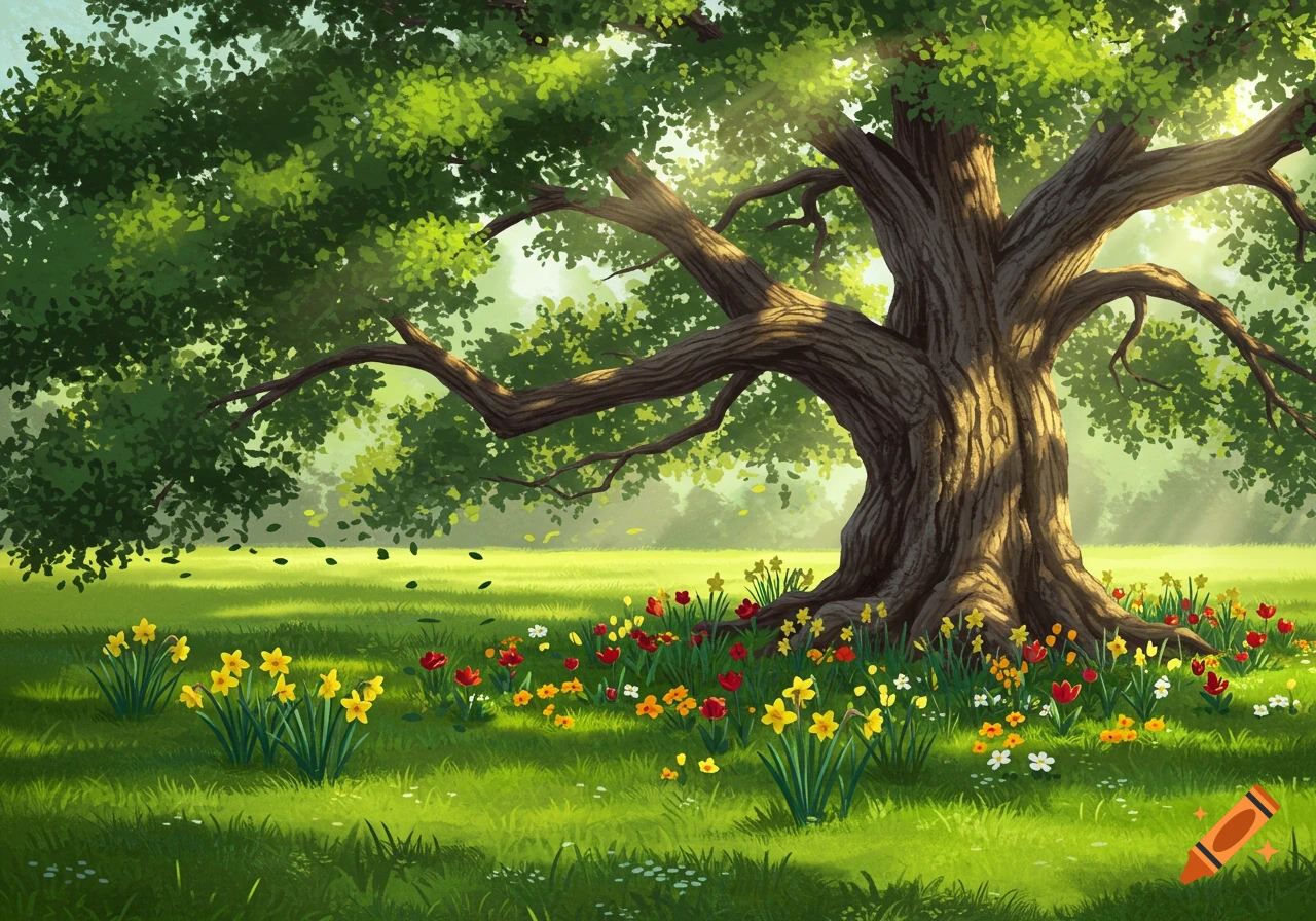 A large, majestic tree with sprawling branches stands in a sunlit green lawn, surrounded by colorful spring flowers.