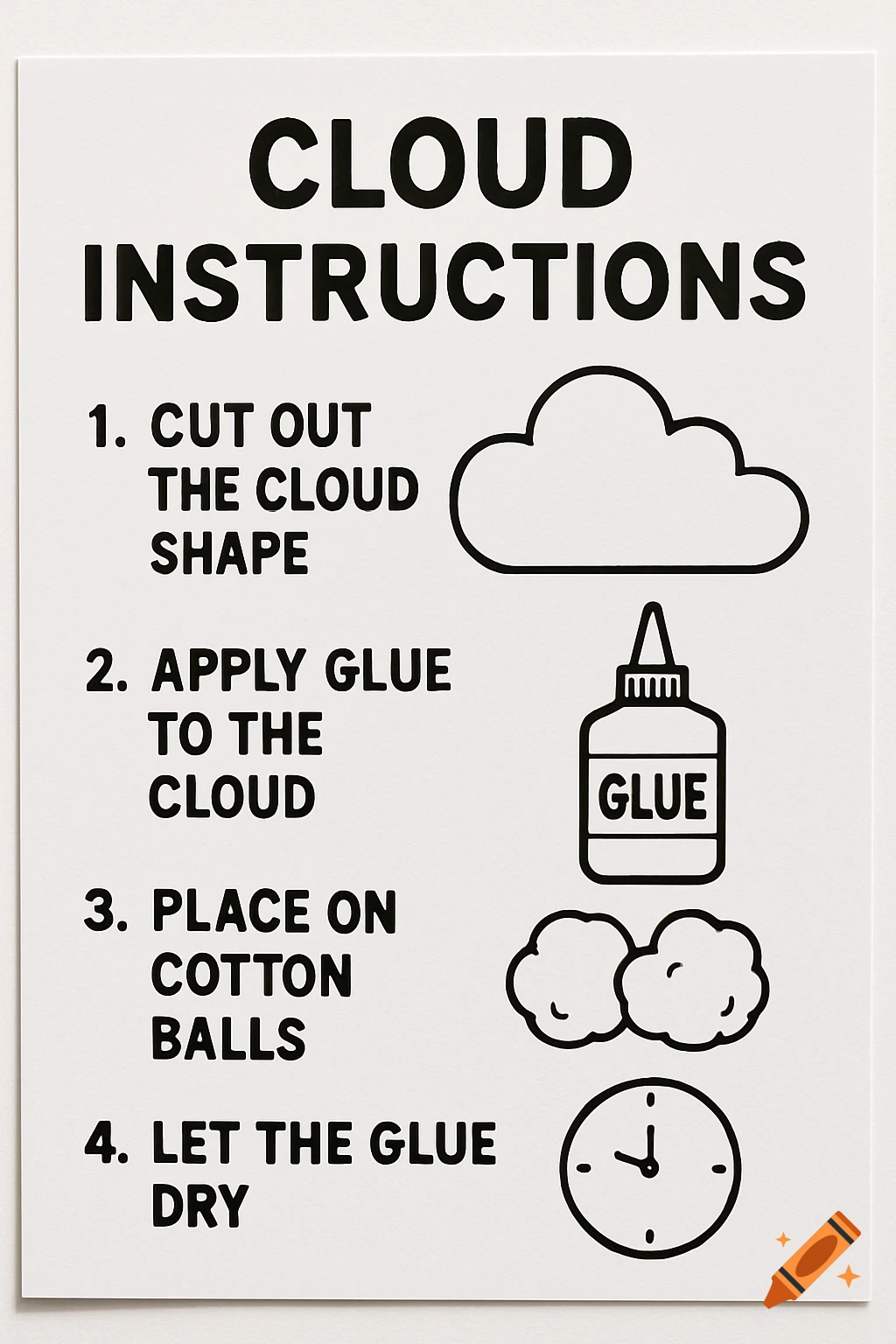 Black and white instructions for making a cloud with cutouts, glue, cotton balls, and a clock.