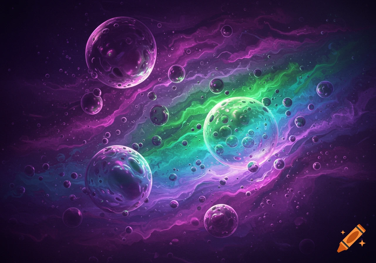 Glowing purple, green, and blue bubbles float in a vibrant, swirling cosmic background, creating a trippy, abstract scene.
