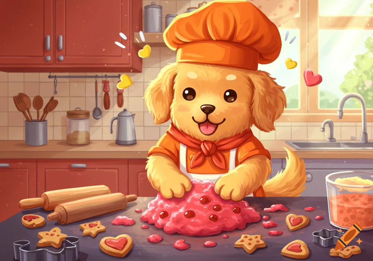 A golden retriever dog wearing an orange chef's hat and apron kneads pink dough in a cartoon kitchen, surrounded by cookies and baking tools.