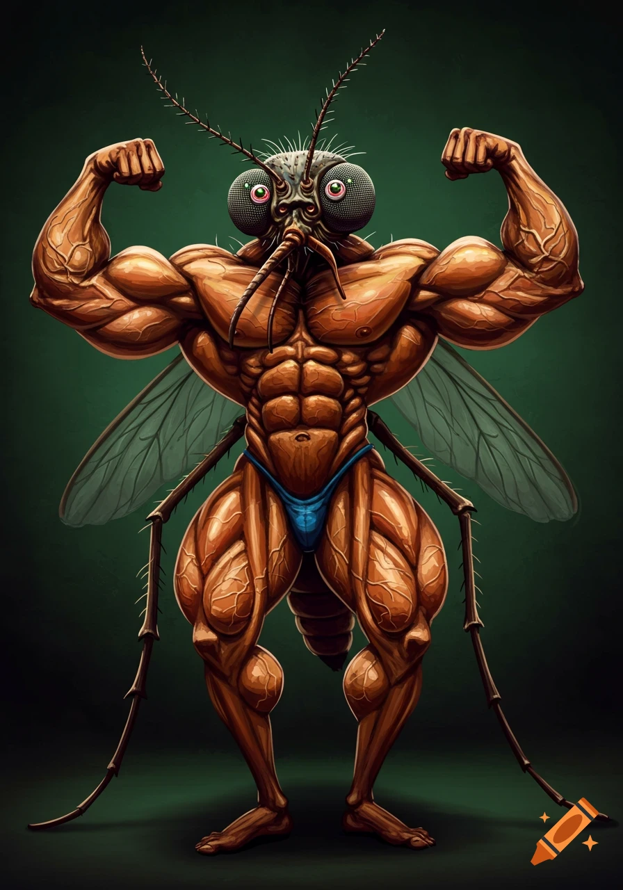 Muscular anthropomorphic mosquito bodybuilder flexing biceps in a blue brief against a dark green background.