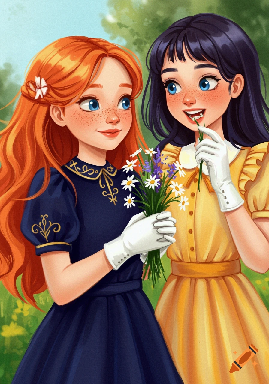 Digital illustration of two young girls with gloves and freckles holding wildflowers in a bright outdoor setting.