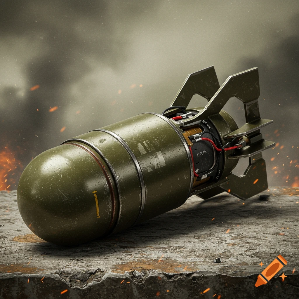 A photorealistic image of an olive green military bomb with visible internal wiring and tail fins, resting on a concrete slab amidst smoke and sparks.