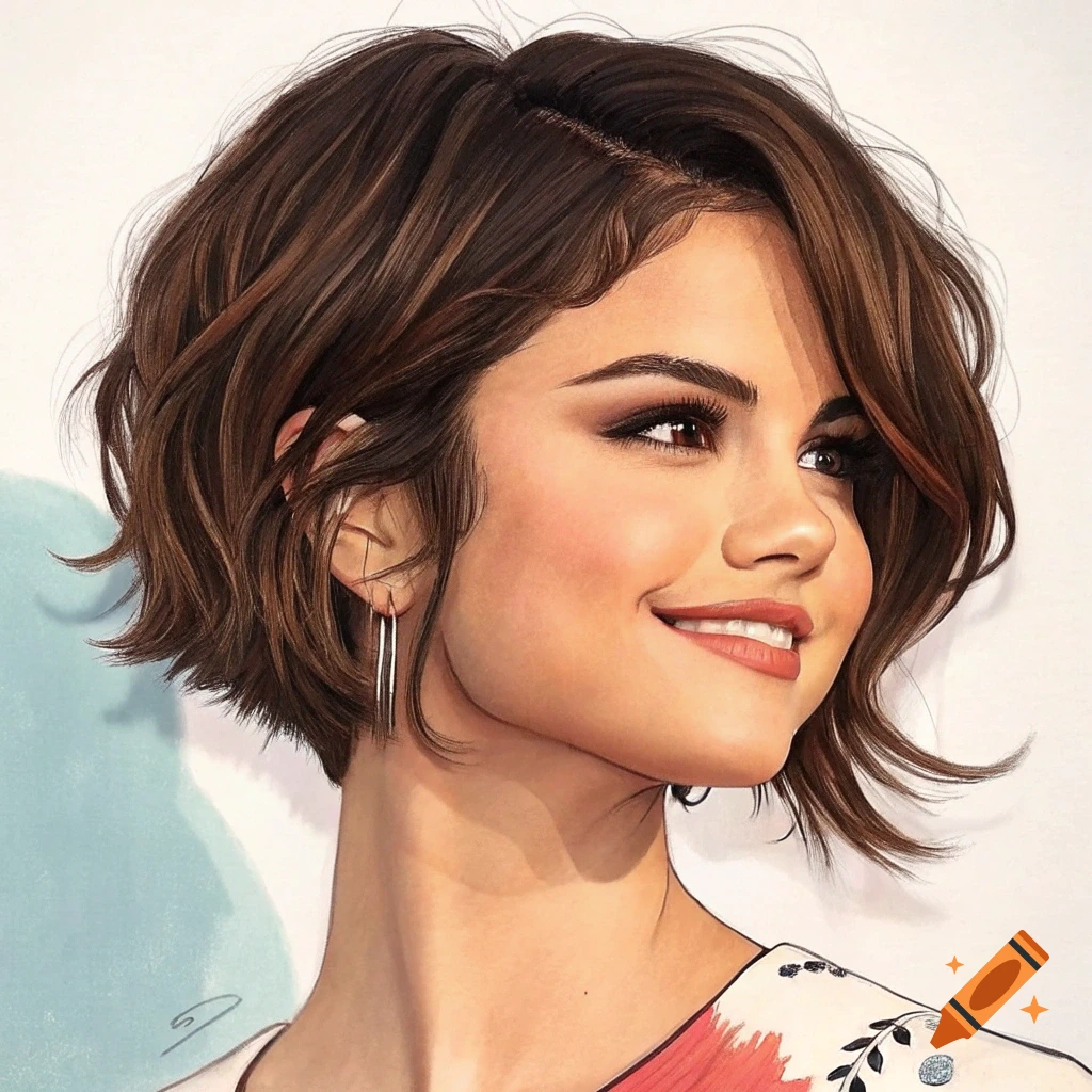Digital painting of Selena Gomez smiling with short brown hair, looking up and to the right.